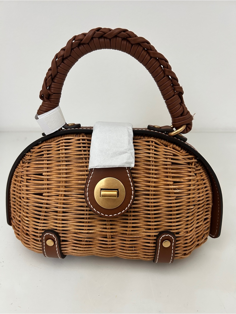 Zara Woven Rattan Top-Handle Bag with Brown Trim and Gold Hardware - Picture 5 of 5